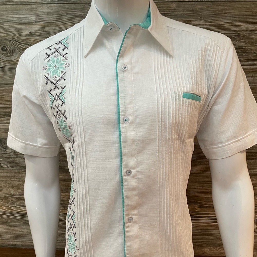Men Mexican Guayabera Shirt White Short Sleeve Linen Aqua Green Embroidery NEW!!